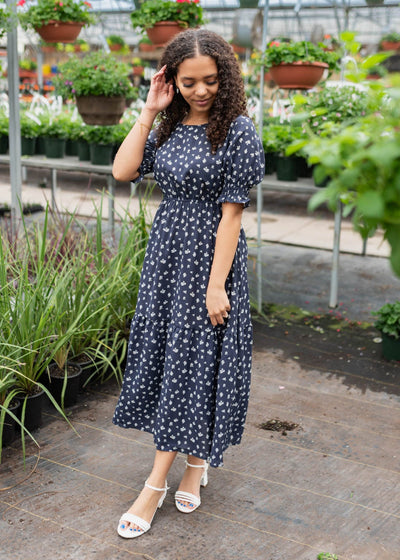 Navy floral dress with short sleeves