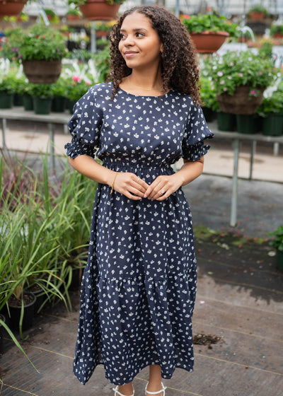 Short sleeve navy floral dress