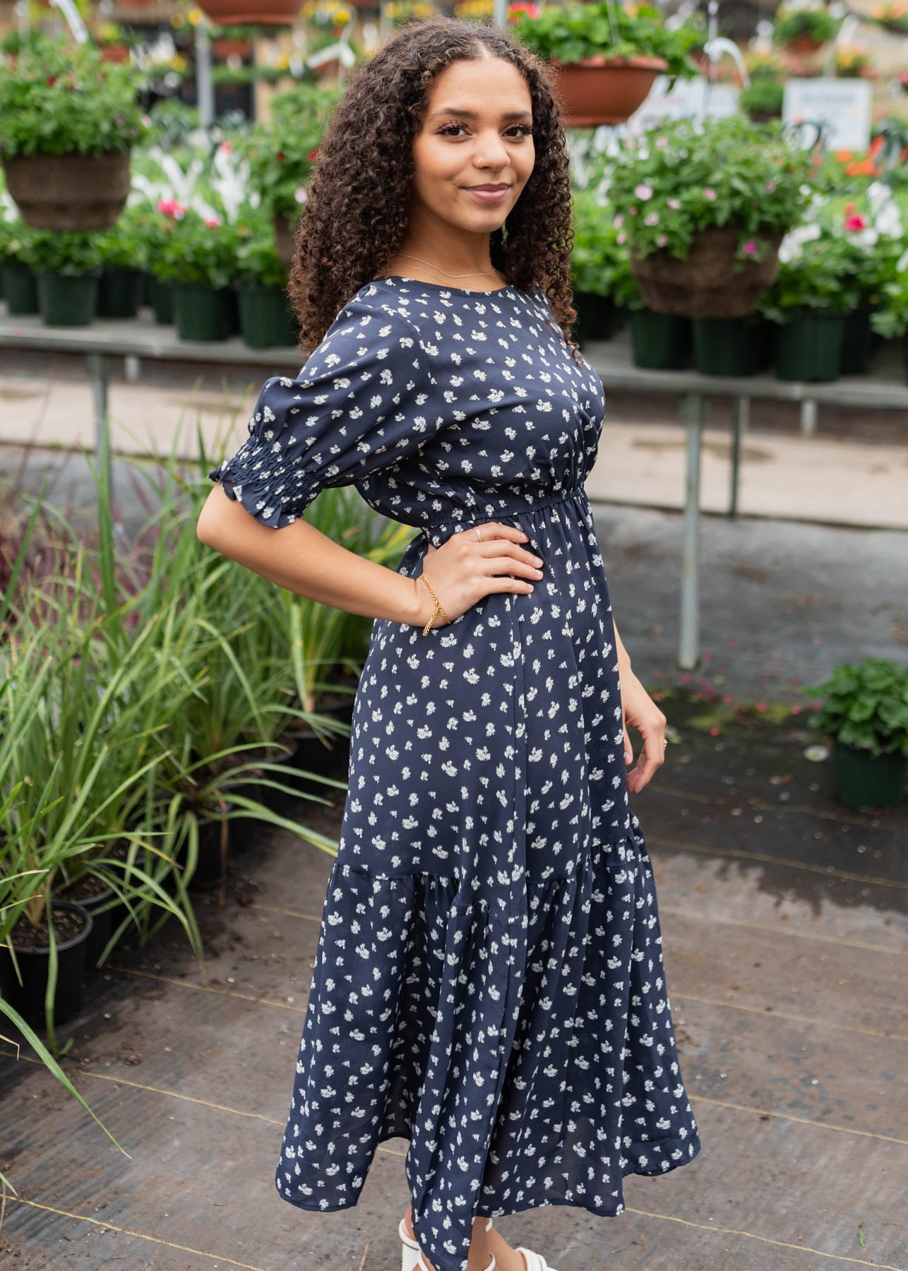 Side view of the navy floral dress