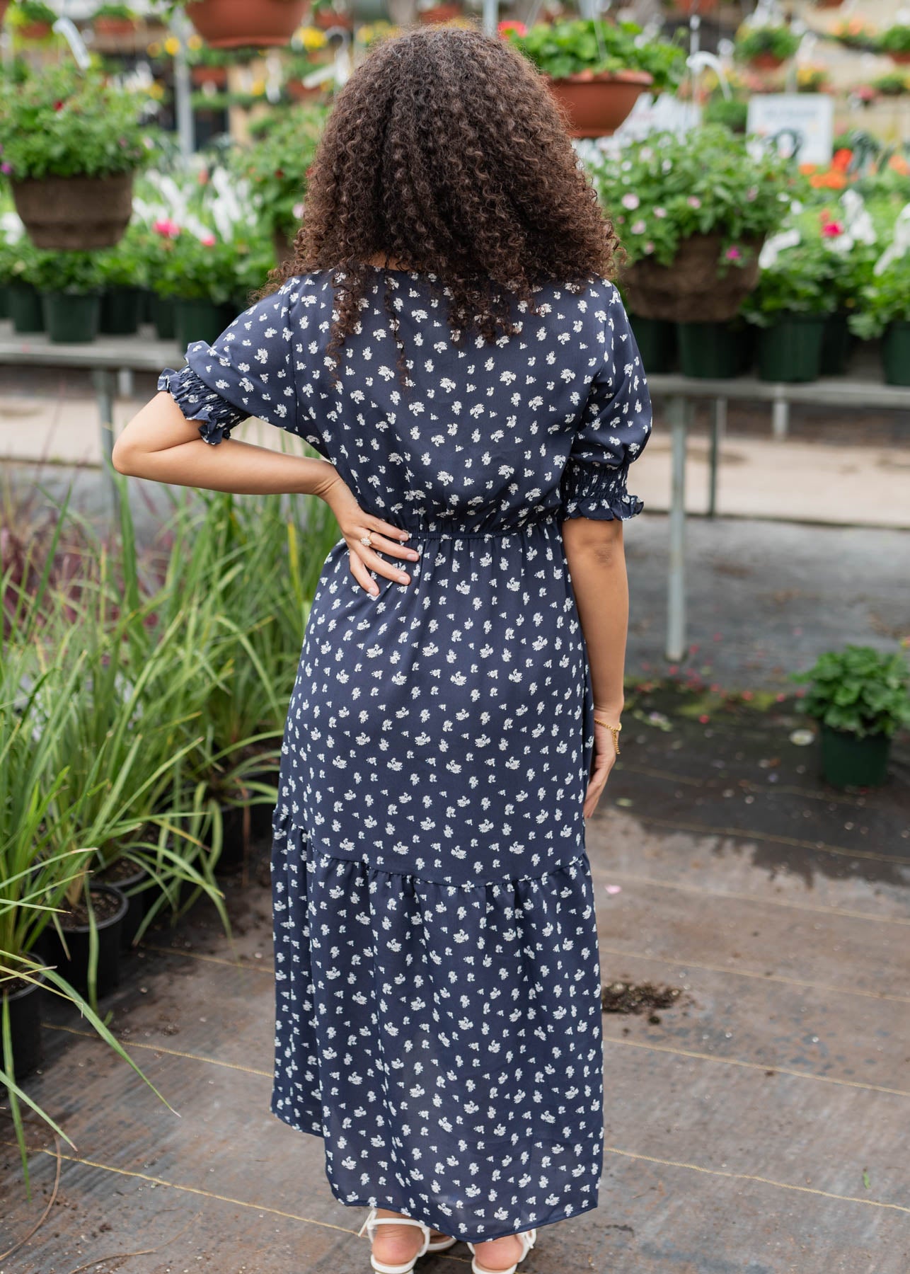 Back view of the navy floral dress