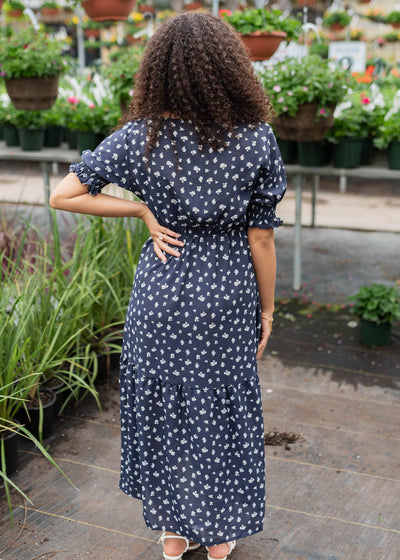 Back view of the navy floral dress