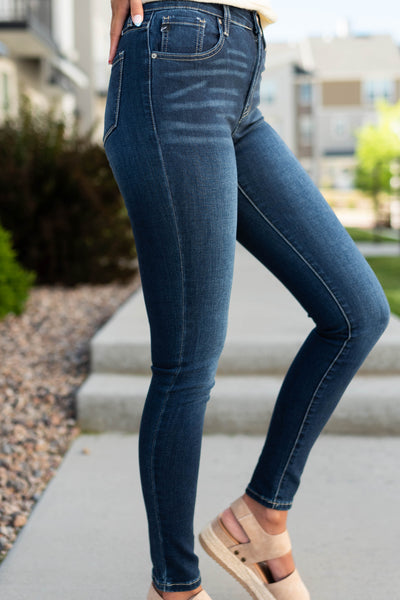 Side view of dark high rise skinny jeans