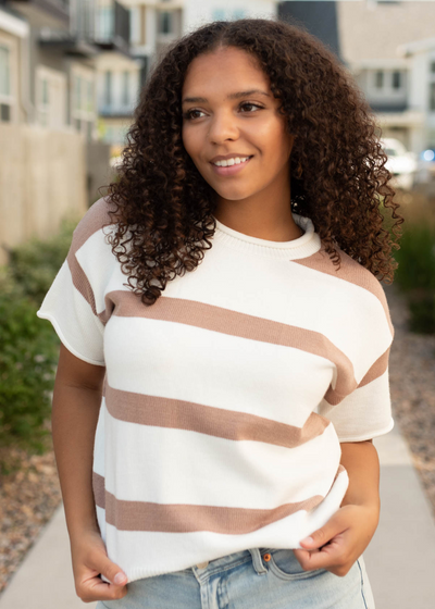 Small khaki stripe knit top