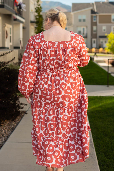 Plus size brick floral dress with a square neck