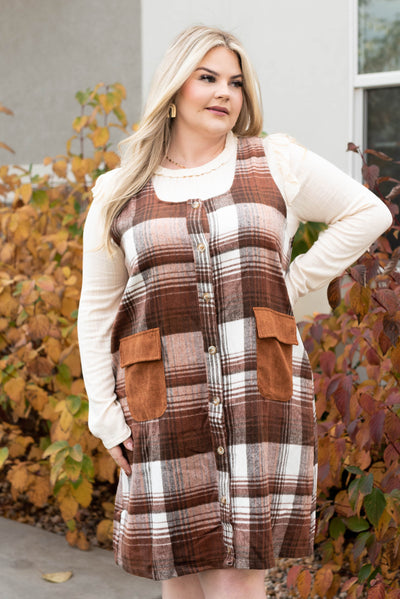 Plus size brown flannel jumper dress that buttons up