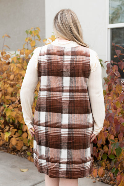 Back view of the plus size brown flannel jumper dress
