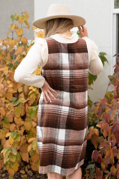 Back view of the brown flannel jumper dress