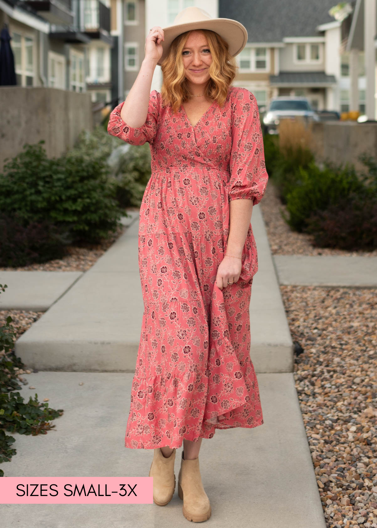 Tiered red floral dress