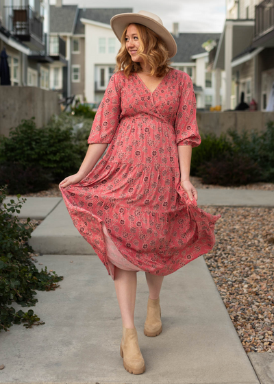 V-neck red floral dress