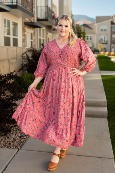 3/4 sleeve plus size red floral dress with wrap style bodice