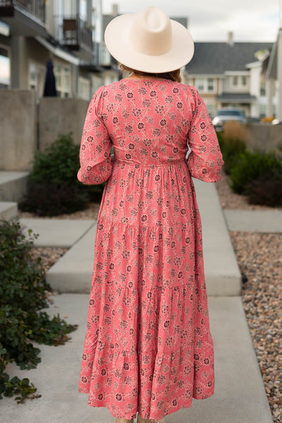 Back view of a red floral dress