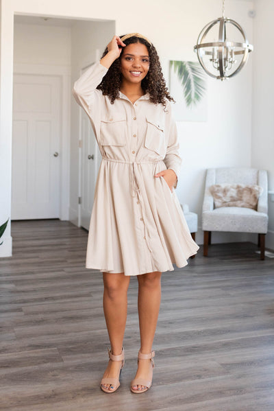 Button up khaki dress with pockets on the bodice.