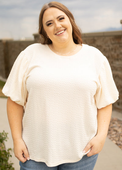 Short sleeve plus size cream textured top