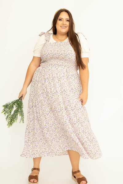 Plus size lavender sundress with smocked bodice and tiered skirt