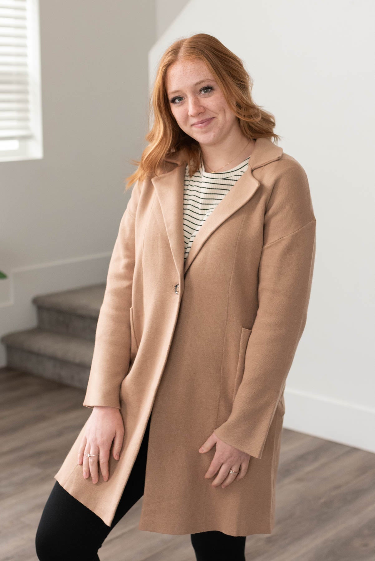 Long sleeve latte sweater coat with pockets
