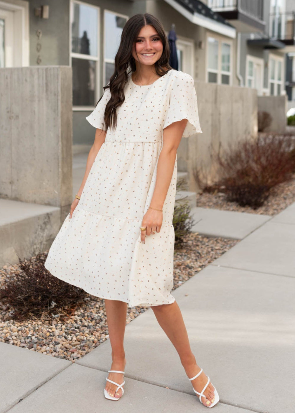 Ivory print tiered dress