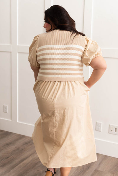 Back view of the plus size sand stripe knit dress