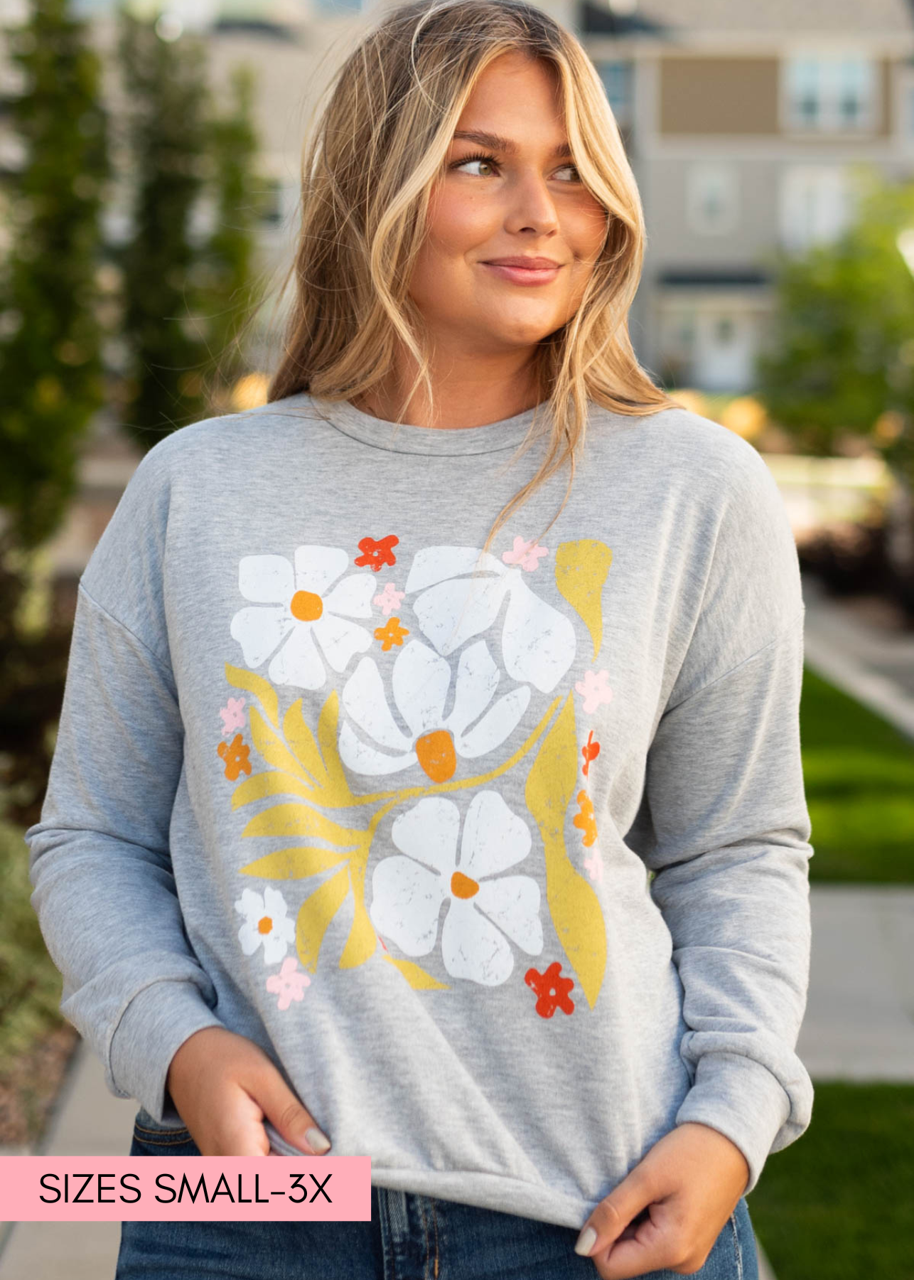 Heather grey pullover with white flowers