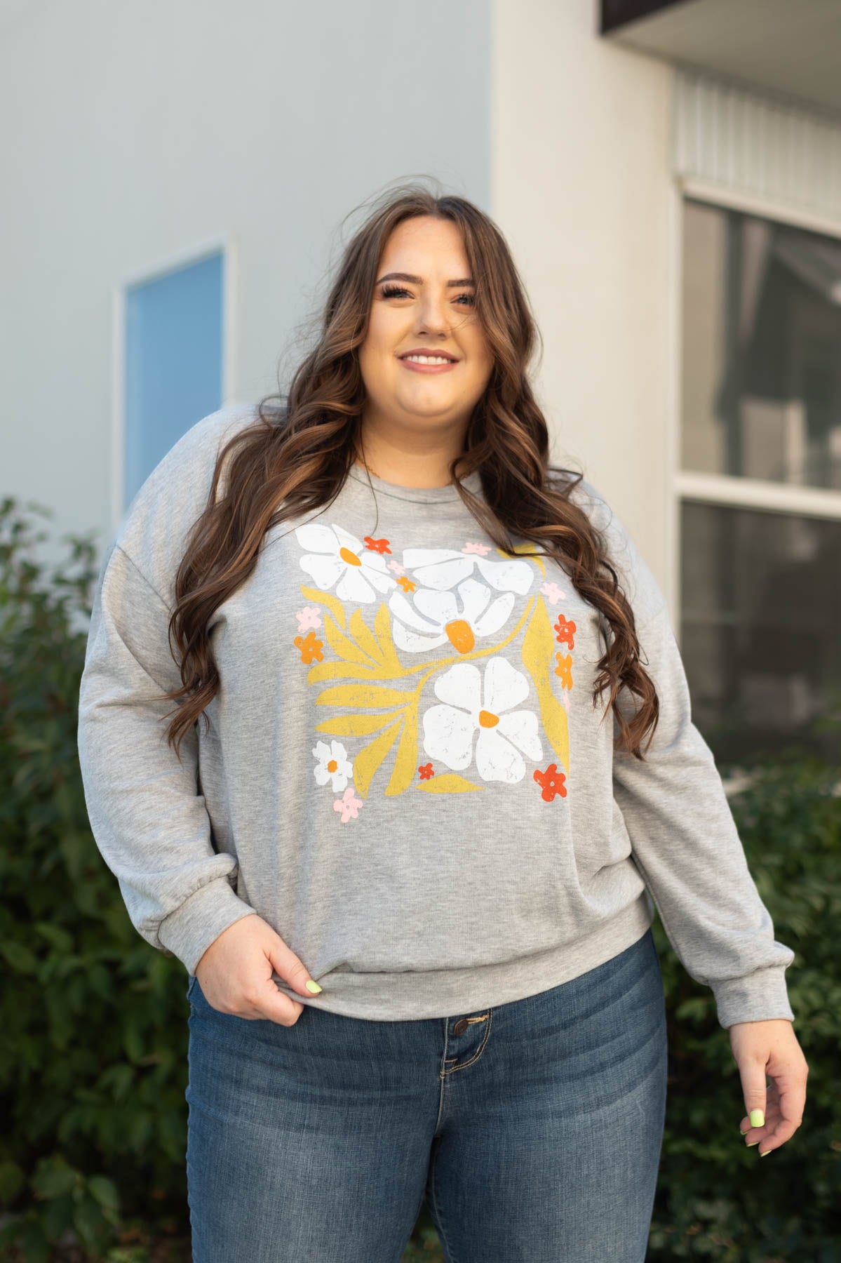 Long sleeve plus size heather grey pullover with floral print