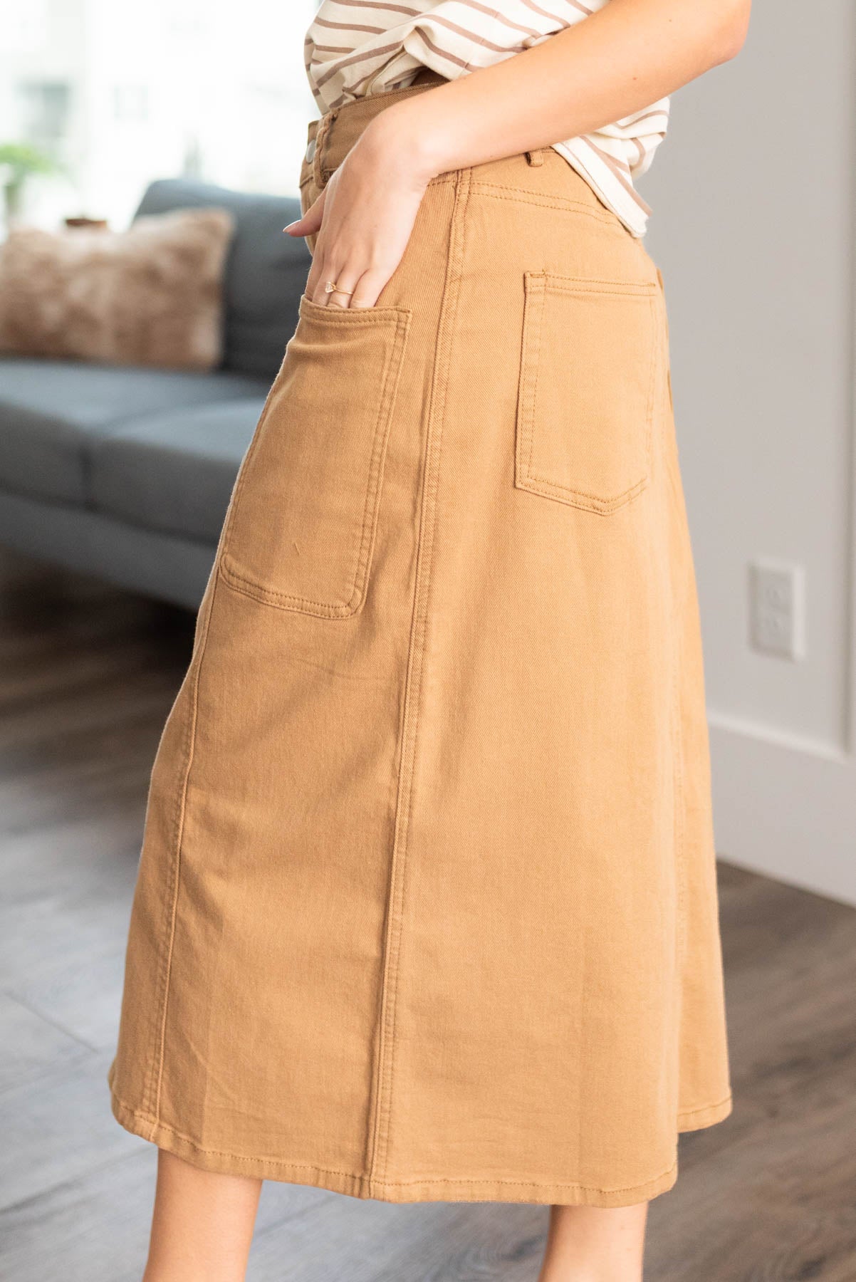 Side view of the camel maxi skirt