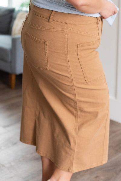 Side view of the plus size camel maxi skirt