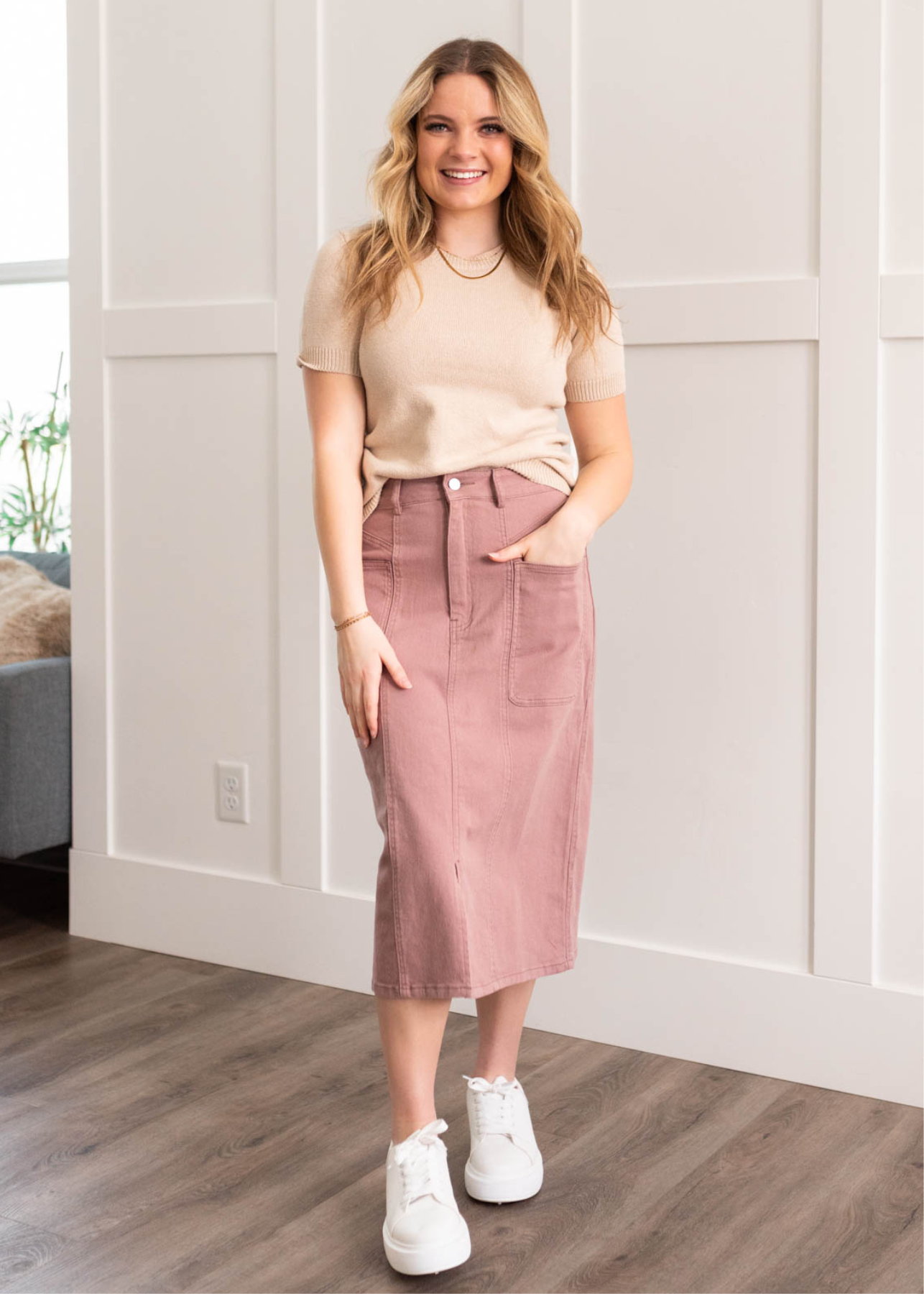 Mauve maxi skirt with front pockets