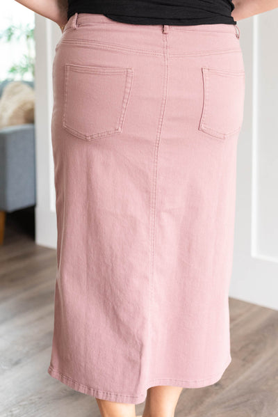 Back view of the plus size mauve maxi skirt