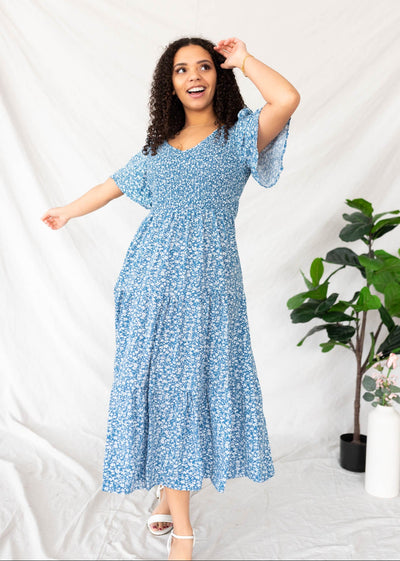 Short sleeve blue floral tiered dress