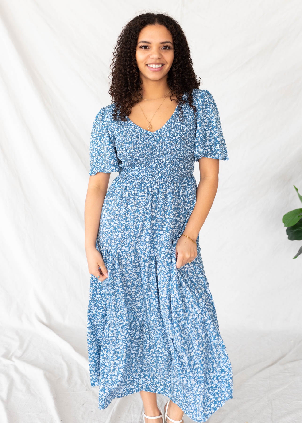 Blue floral tiered dress with smocked bodice