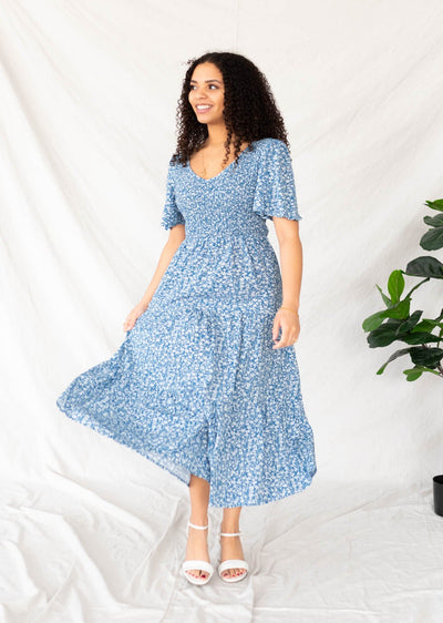 Blue floral tiered dress with short sleeves