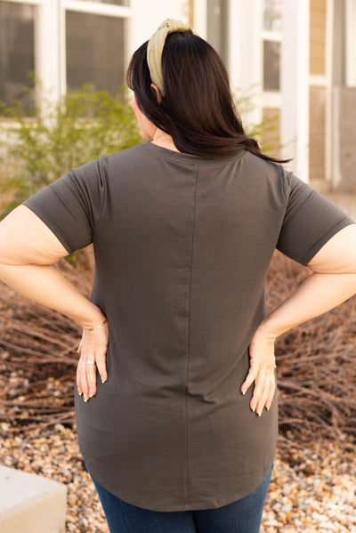 Back view of the plus size ash grey top