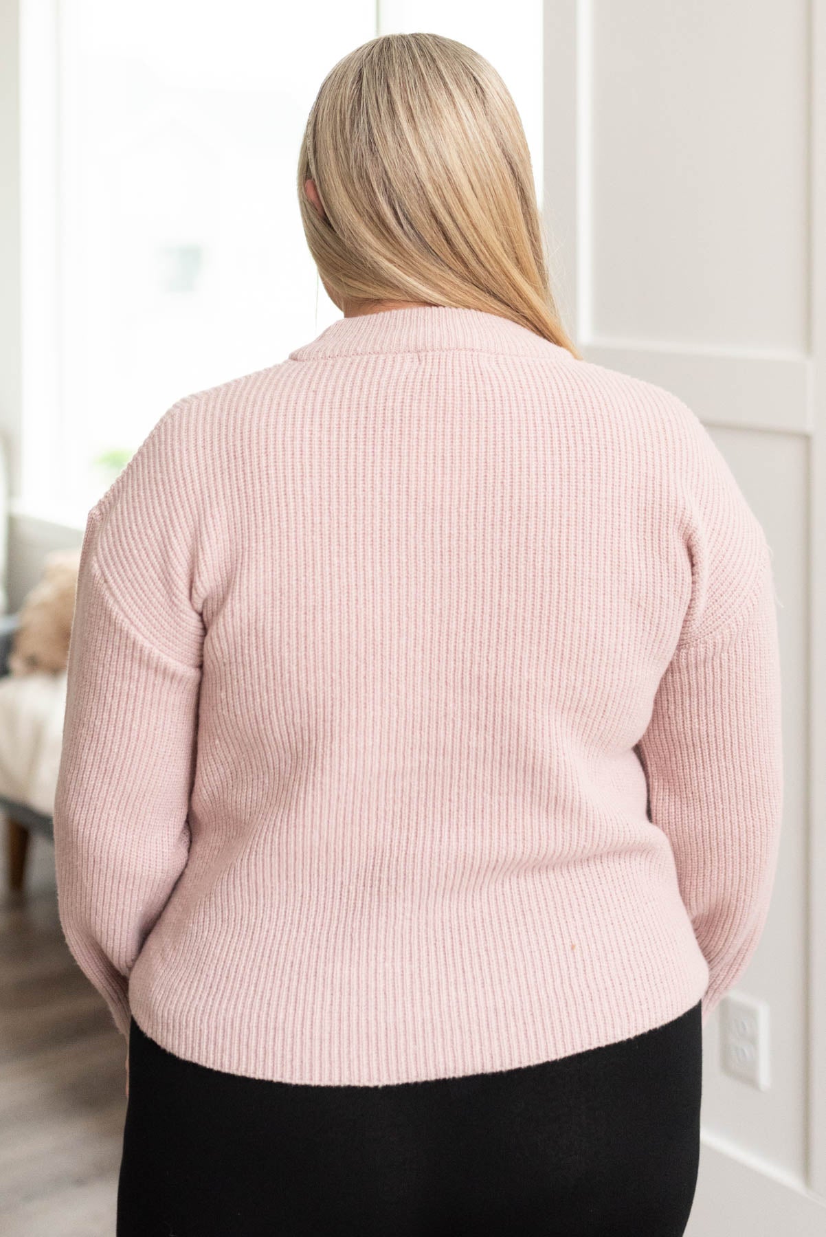 Back view of a plus size blush knit sweater
