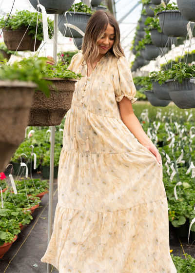 Tan pattern tiered dress with tiered skirt