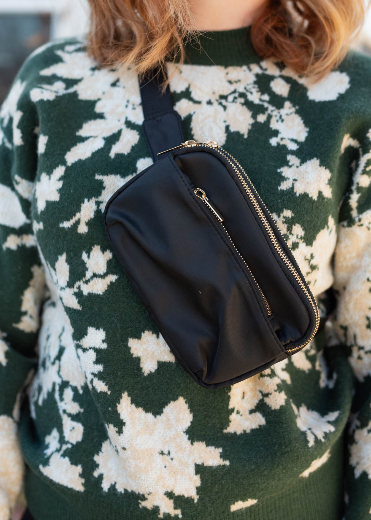 Black crossbody fanny pack with zipper pocket