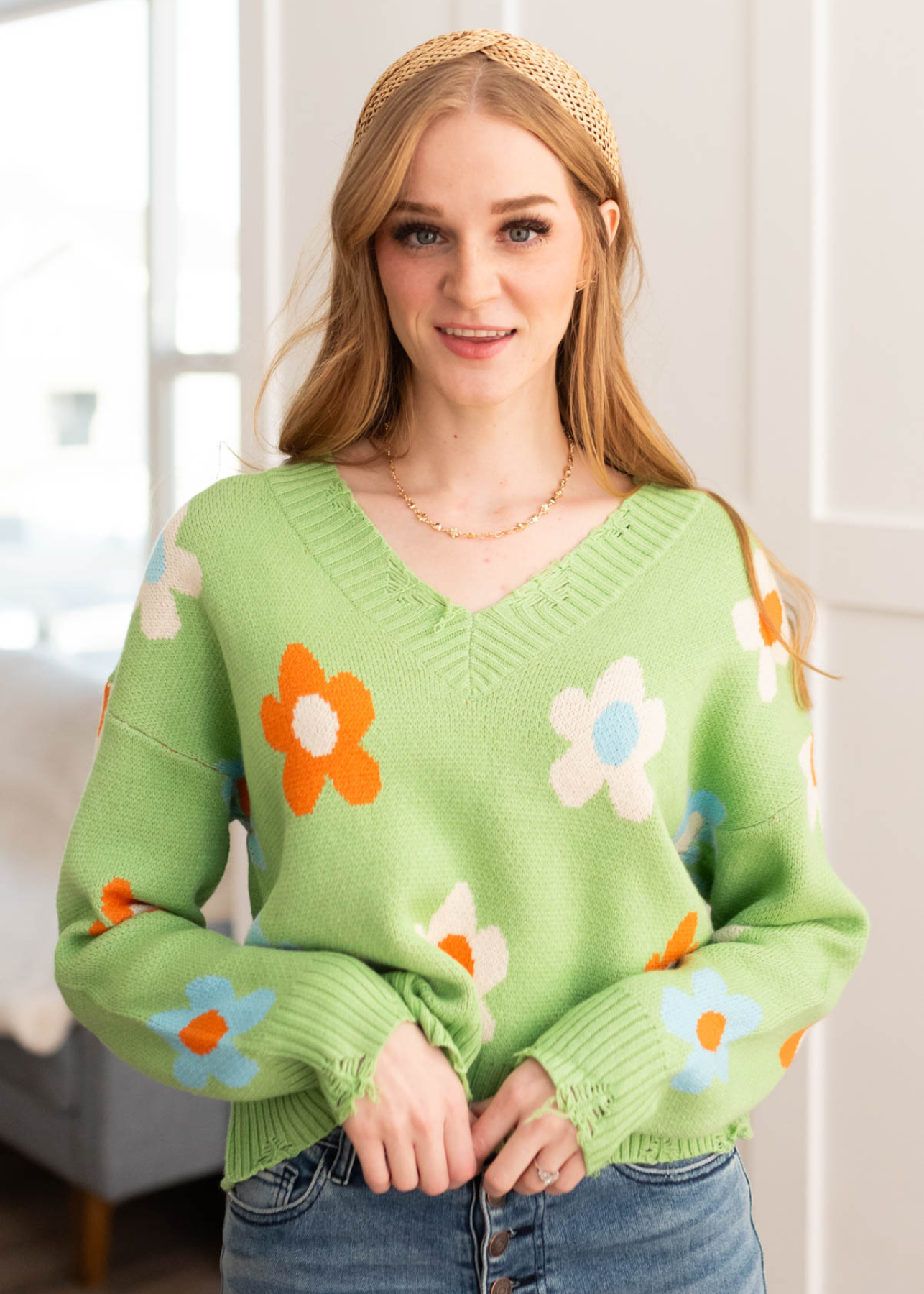 Green floral sweater