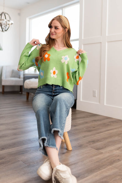 V-neck green floral sweater