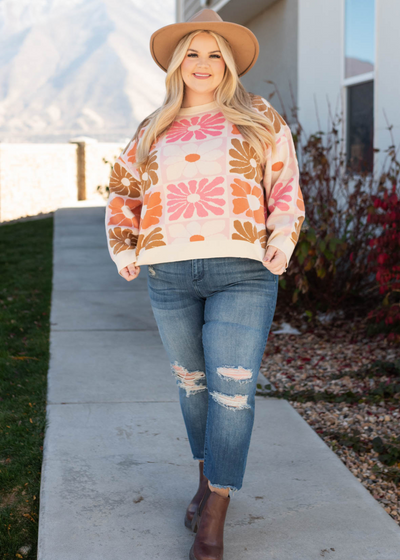 Long sleeve plus size cream floral sweater