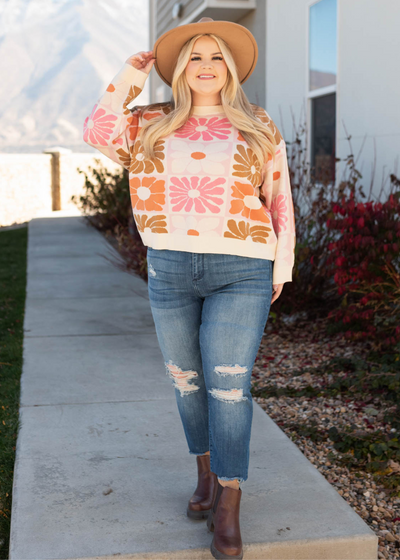 Plus size cream floral sweater