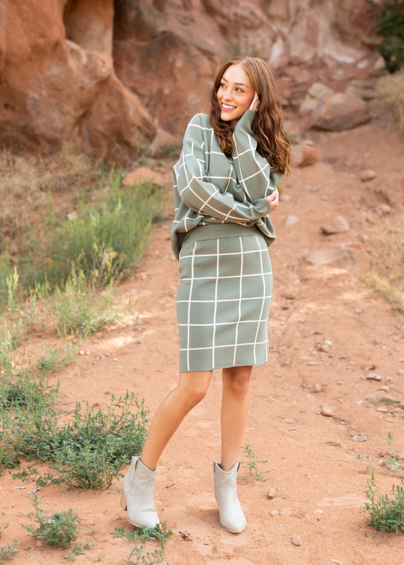Olive plaid sweater with an olive plaid skirt sold separately