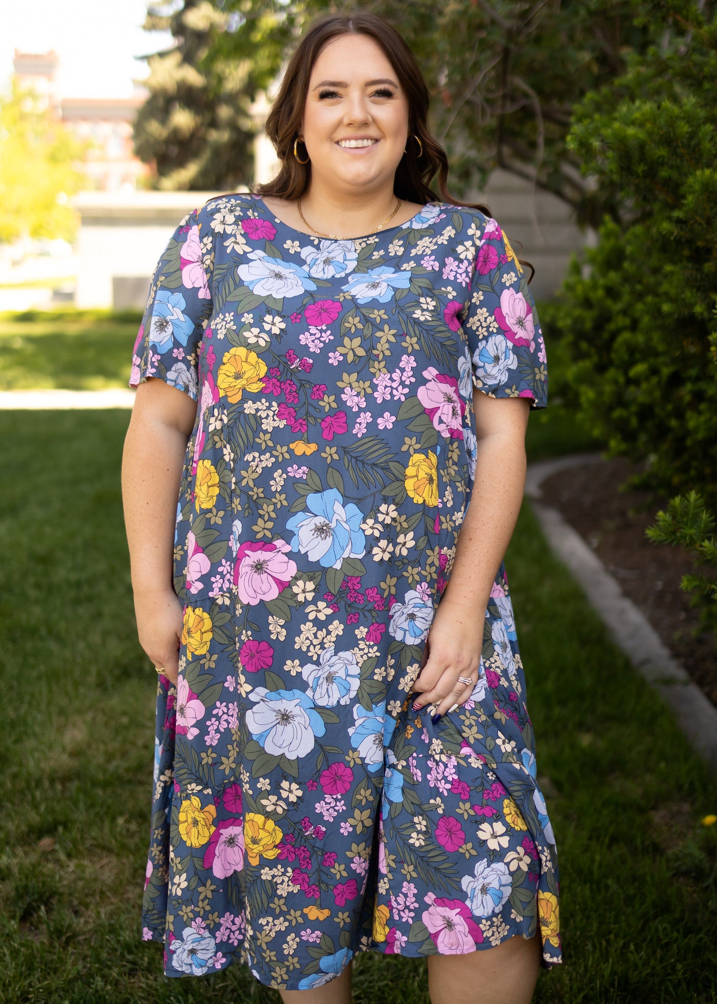 Front view of a navy floral dress