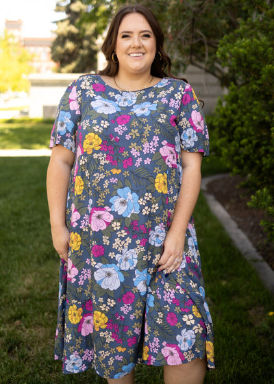 Front view of a navy floral dress