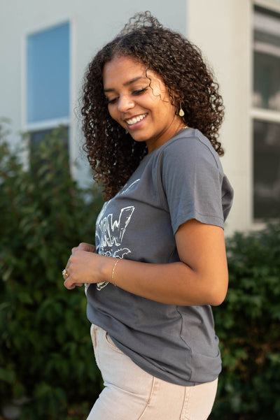 Side view of a charcoal tee