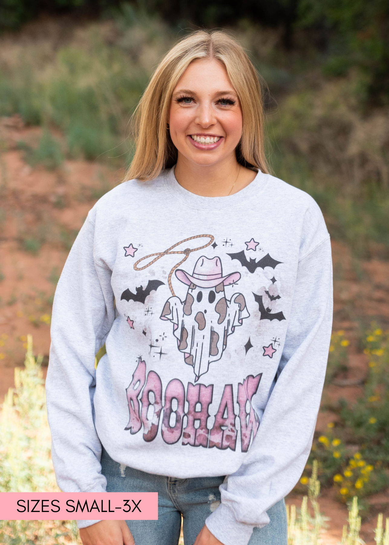 Long sleeve Halloween boo haw sweatshirt with a ghost