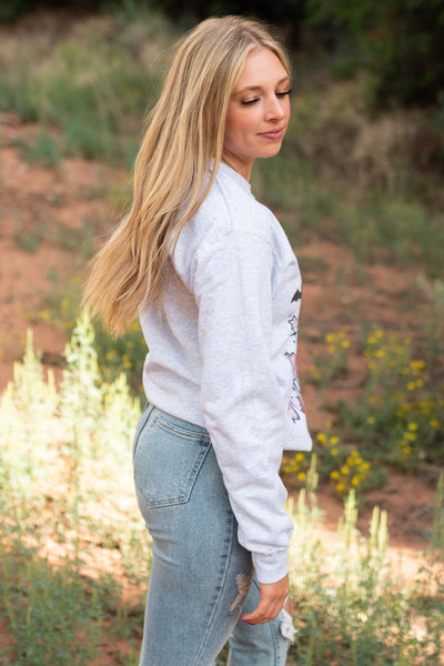Side view of a grey sweatshirt