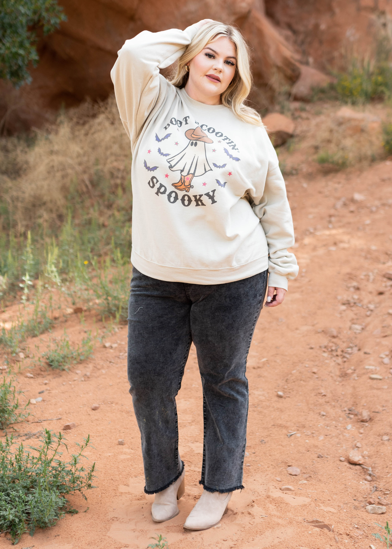 Plus size Halloween boot scoot-in sand sweatshirt