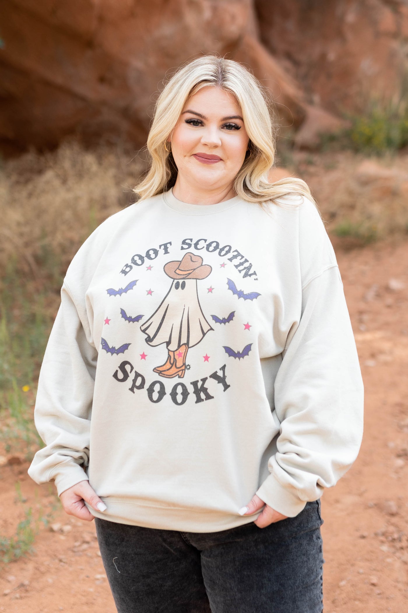 Long sleeve Halloween boot scoot-in sweatshirt with a ghost