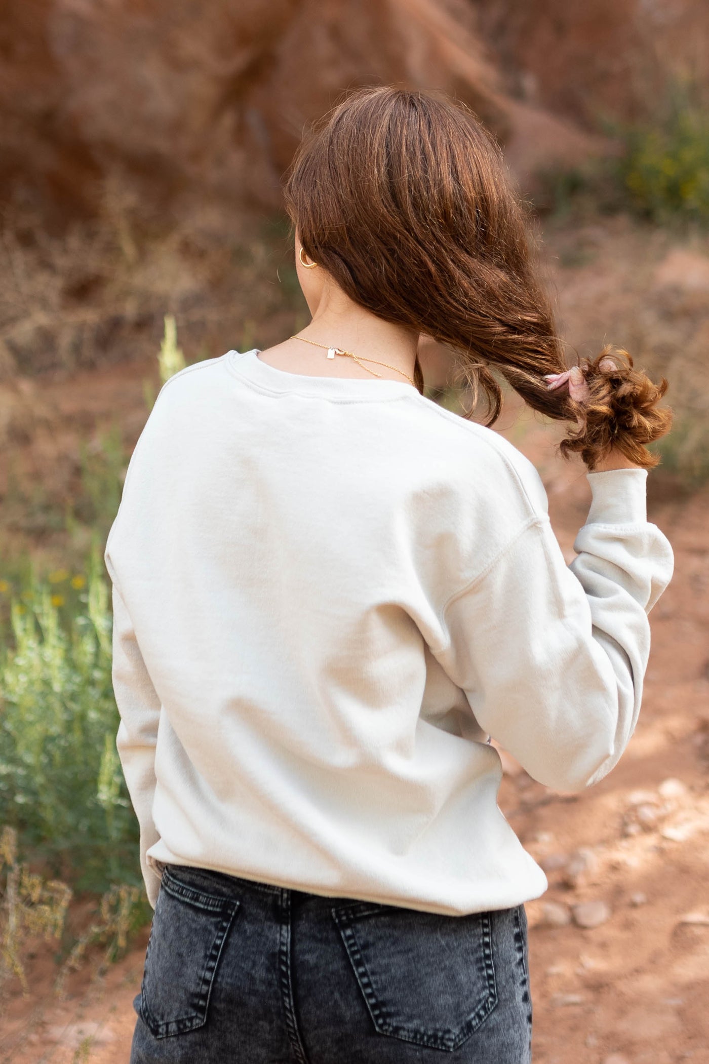 Back view of a sand sweatshirt