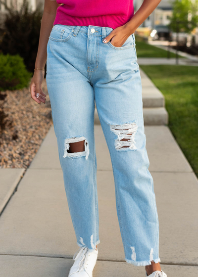 Light high rise distressed mom jeans