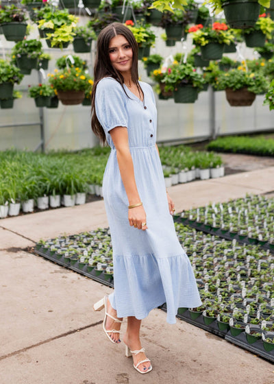 Blue gauze dress with short sleeves