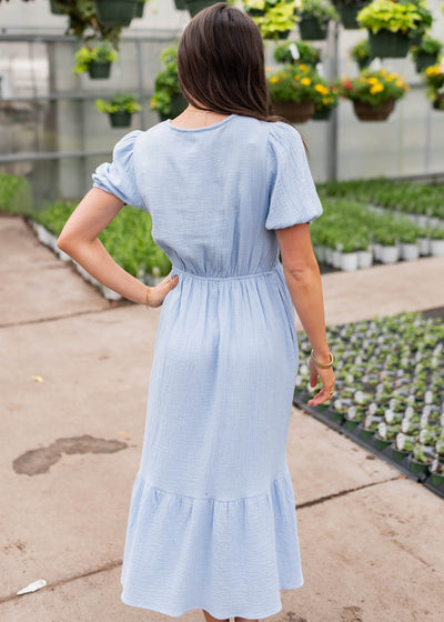 Back view of the blue gauze dress